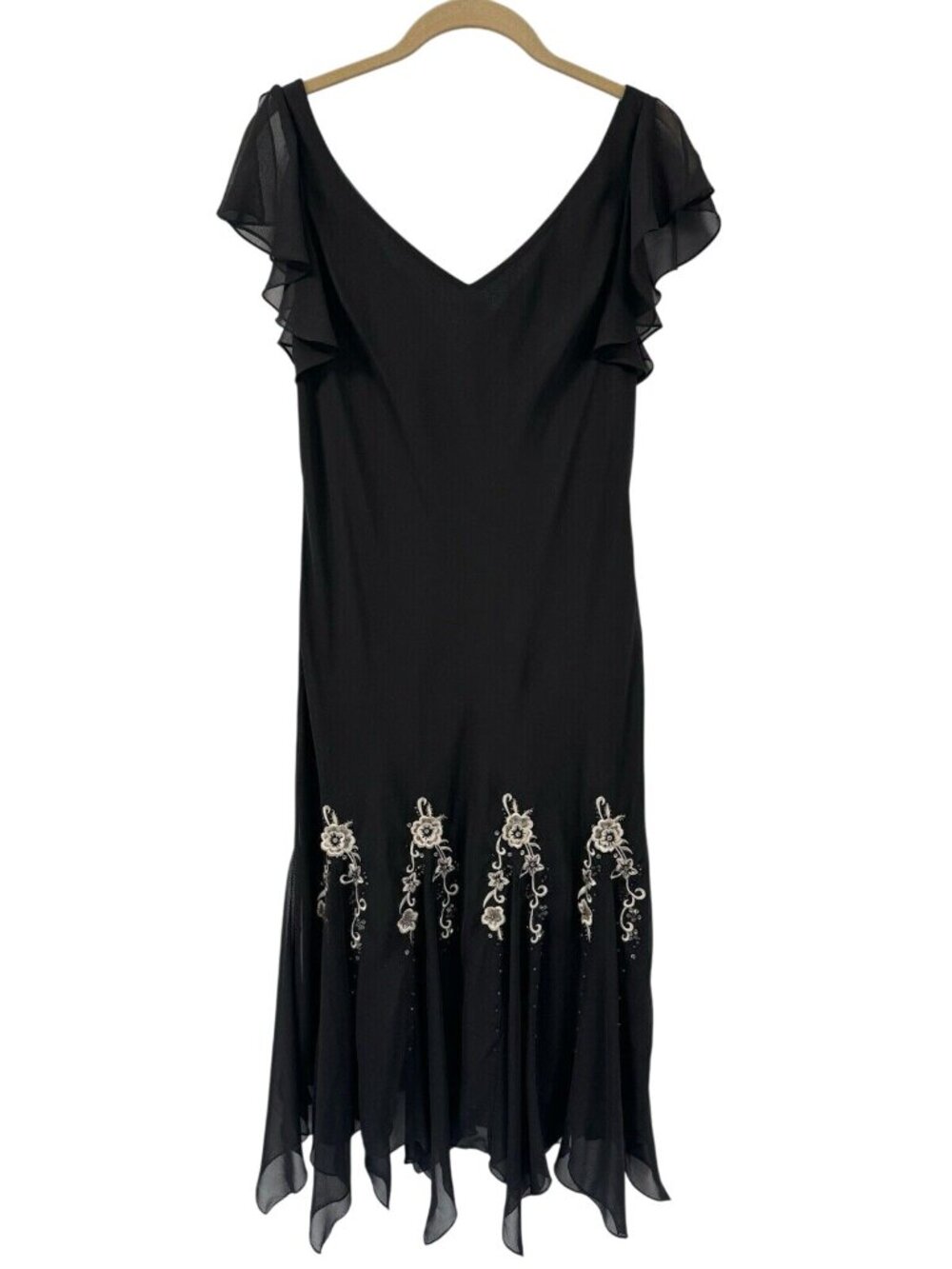 Vintage Y2K Midi Dress Black Tan Beaded Floral Whimsy Goth Fairy Asymmetrical - Picture 2 of 11